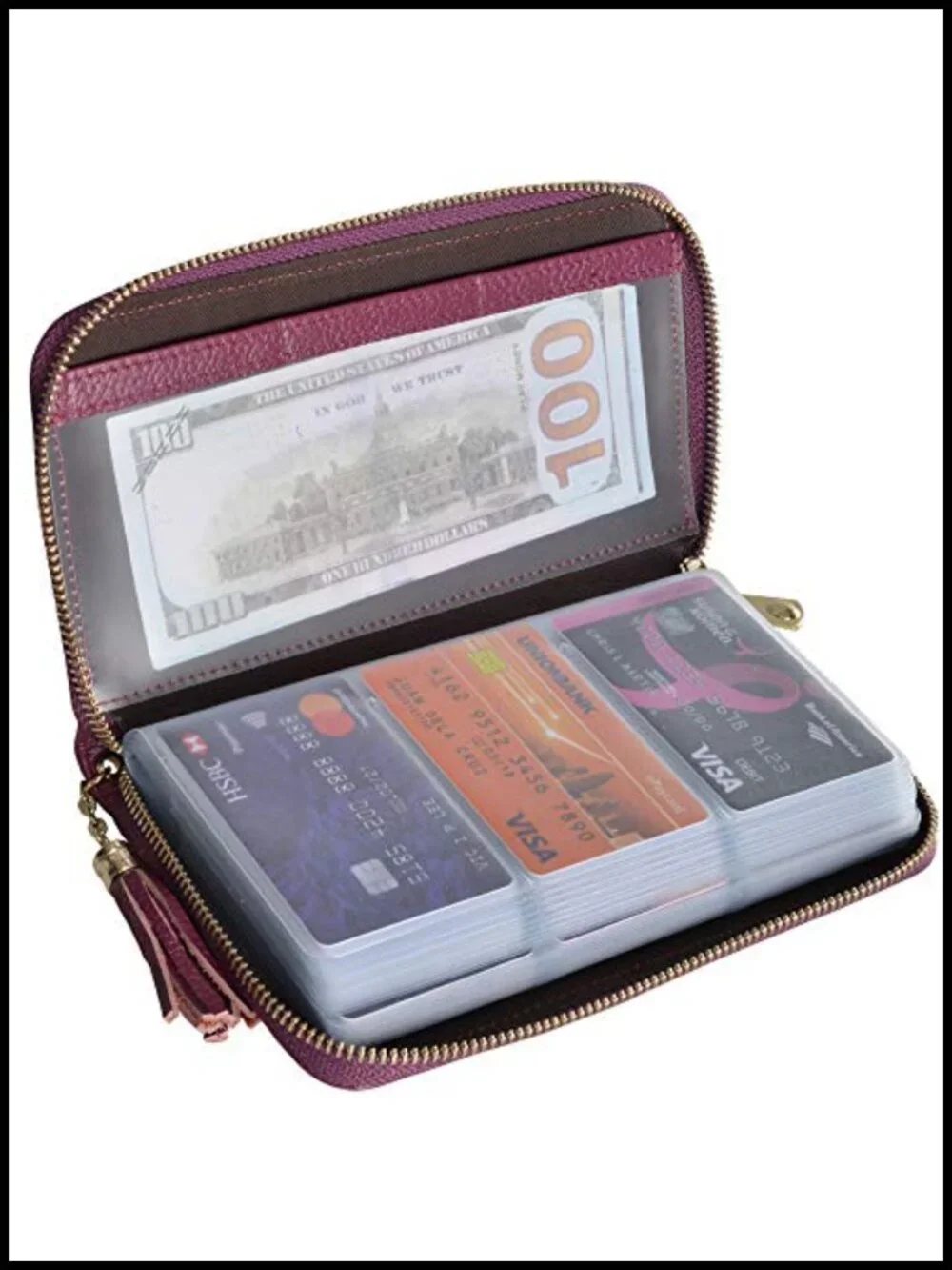 Genuine Leather RFID Zipper Card Case Wallet 60 Slots
